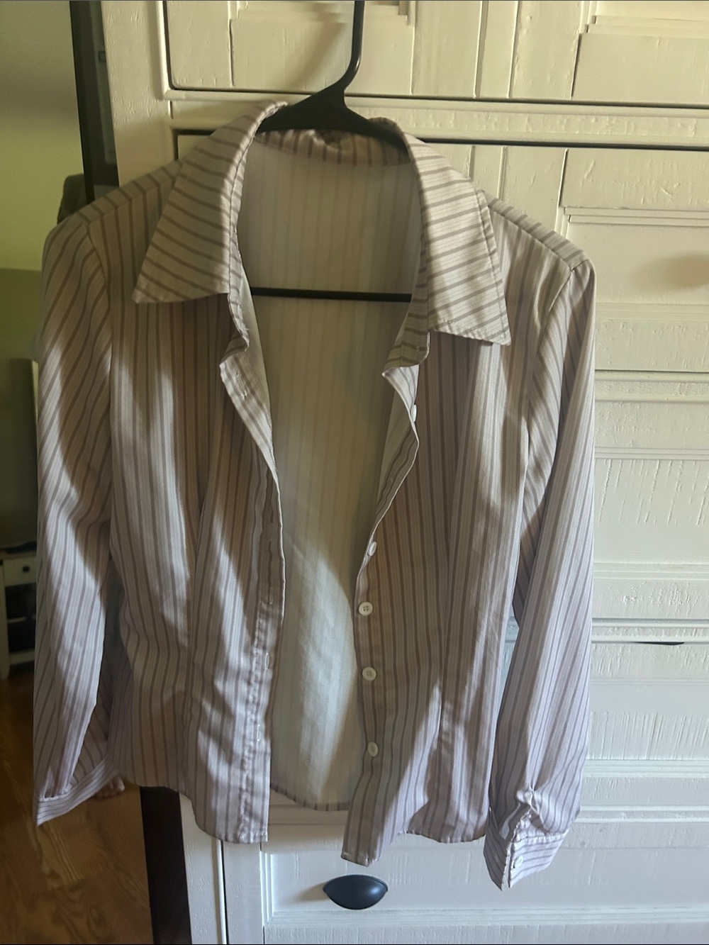 SHEIN Women's Light Gray and White Striped Button-Down Shirt